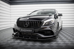 Street Pro Cup Spoilerlippe Front Ansatz + Flaps für Mercedes-Benz A AMG-Line W176 Facelift schwarz Hochglanz