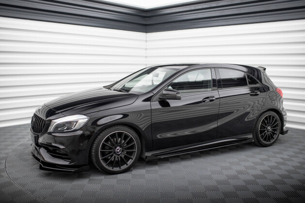 Street Pro Seitenschweller Ansatz Cup Leisten für Mercedes-Benz A AMG-Line W176 Facelift schwarz+ Hochglanz Flaps