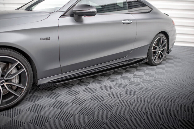 Street Pro Seitenschweller Ansatz Cup Leisten + Flaps für Mercedes-AMG C43 Coupe / Cabrio C205  Facelift / A205 Facelift schwarz Hochglanz