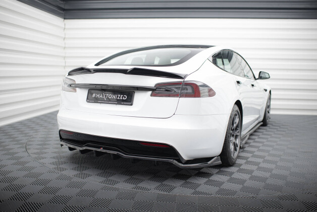 Mittlerer Cup Diffusor Heck Ansatz V.1 passend für Tesla Model S Plaid Mk1 Facelift schwarz Hochglanz