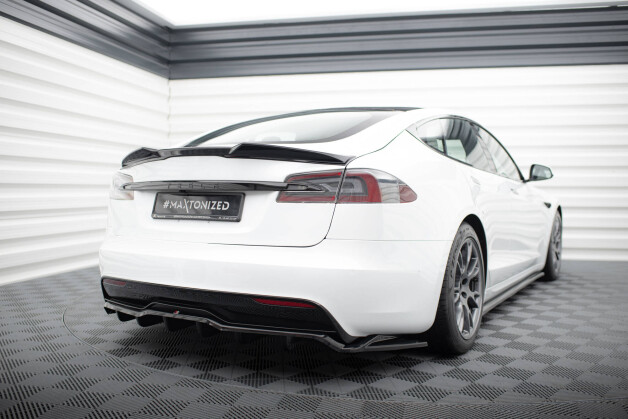 Mittlerer Cup Diffusor Heck Ansatz V.2 passend für Tesla Model S Plaid Mk1 Facelift schwarz Hochglanz