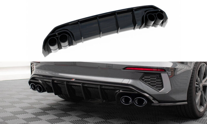 Heck Ansatz Diffusor + Endrohre chrom passend für Audi A3 S-Line Limousine 8Y schwarz Hochglanz