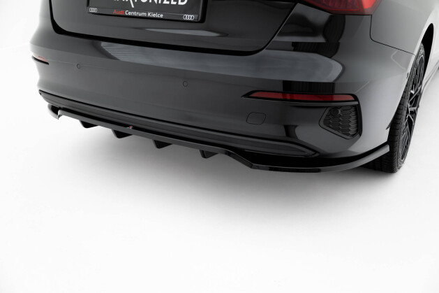 Mittlerer Cup Diffusor Heck Ansatz DTM Look passend für Audi A3 Limousine 8Y schwarz Hochglanz